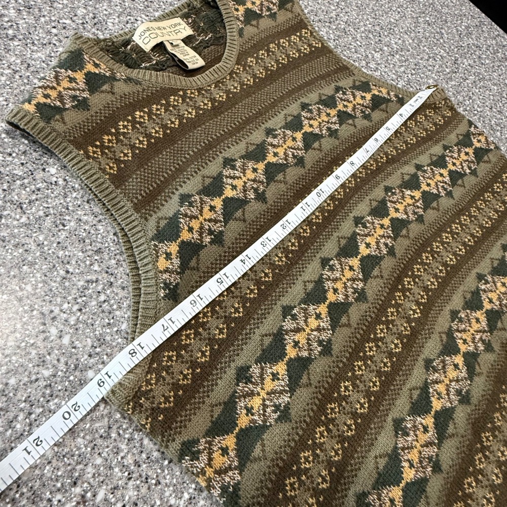 Jones New York Country 90s Fair Isle Sweater Vest Cotton Green Brown Mens Large - Picture 6 of 8